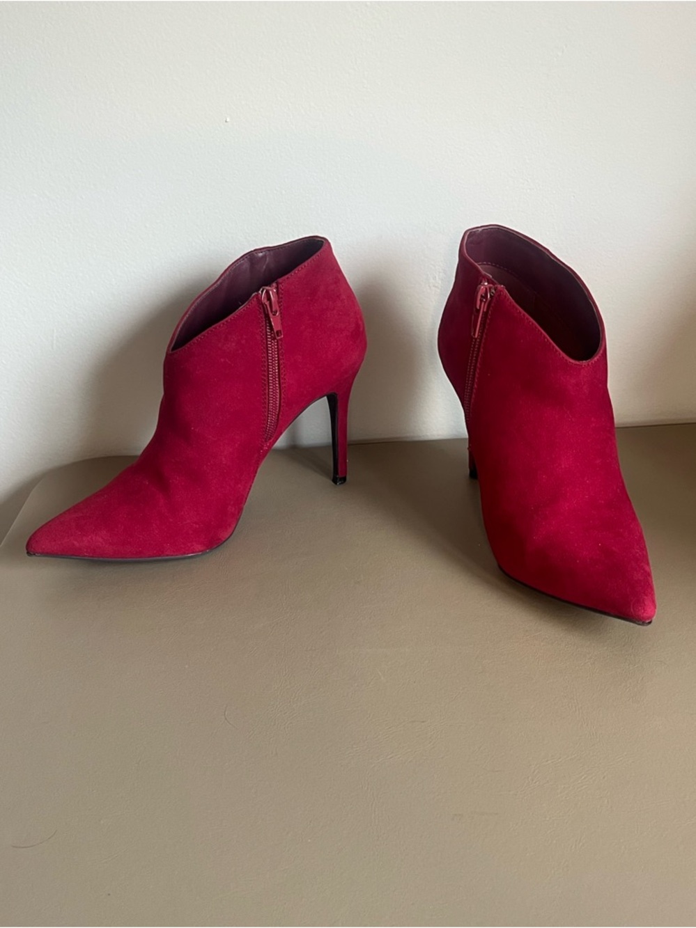 Suede Pointed Toe Ankle Bootie in Wine Red